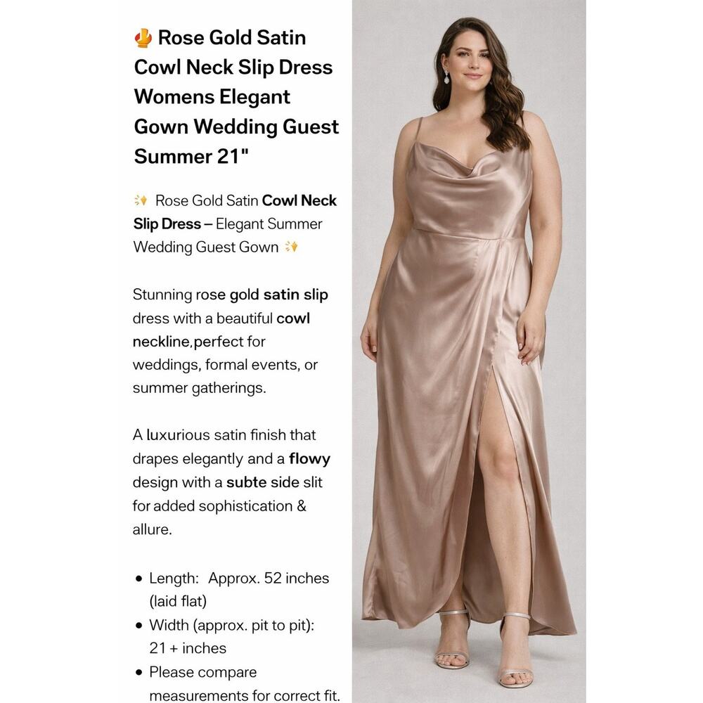 Satin Cowl Neck Maxi Dress Rose Gold Champagne Slip Formal Evening Slit Elegant